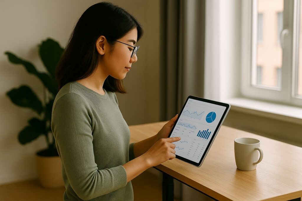 Asian woman standing at a desk reviewing blog analytics on a tablet with charts and graphs visible on the screen.