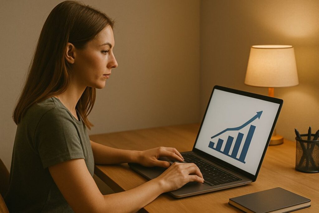 Woman typing at a desk with warm lighting while viewing an analytics graph on her laptop