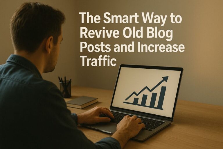 Blogger working at a desk on a laptop with an analytics graph on the screen in warm lighting.