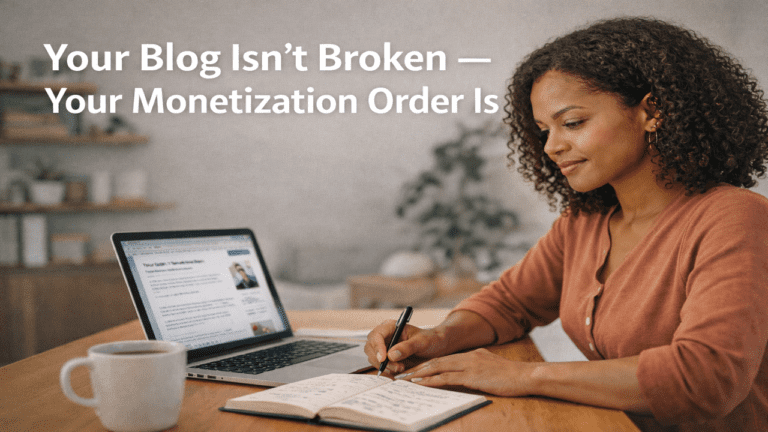 A blogger working at a home office desk, planning blog monetization strategy, and reviewing content on a laptop.