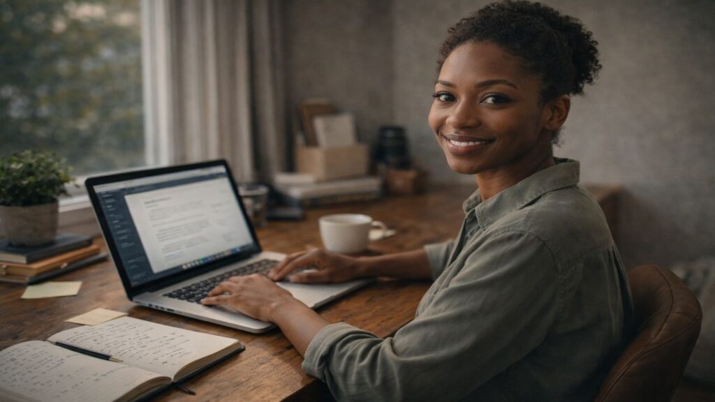 Black female blogger smiling while working at her desk, representing consistency and long-term blogging momentum