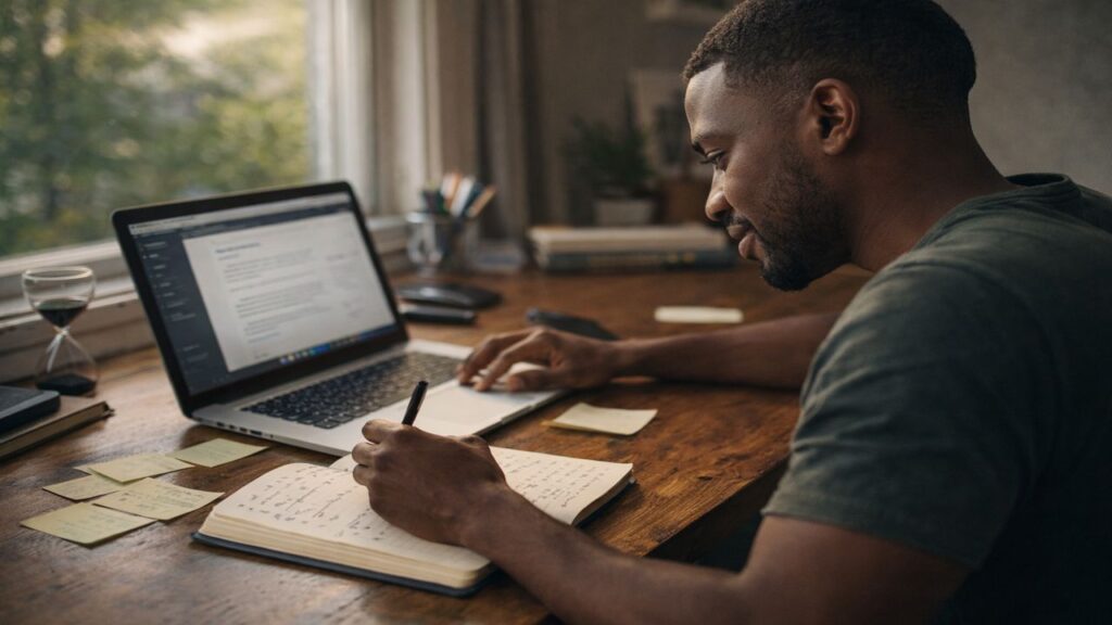 Black male blogger brainstorming ideas and writing notes during a high motivation phase of blogging