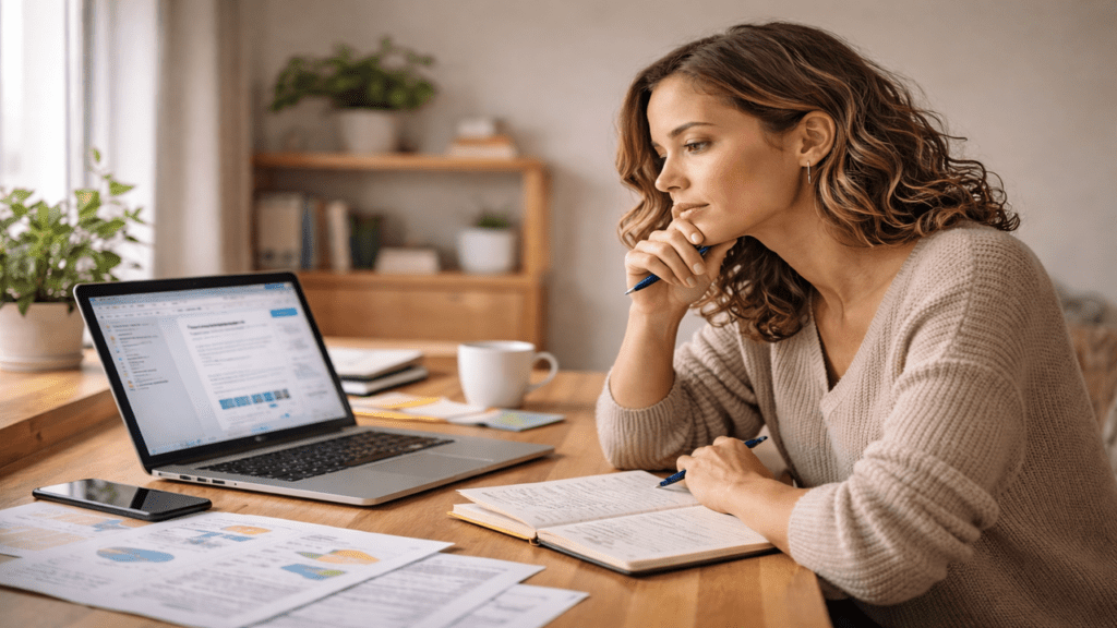 White female blogger reviewing notes and blog content at a desk while feeling unsure about blog monetization direction.