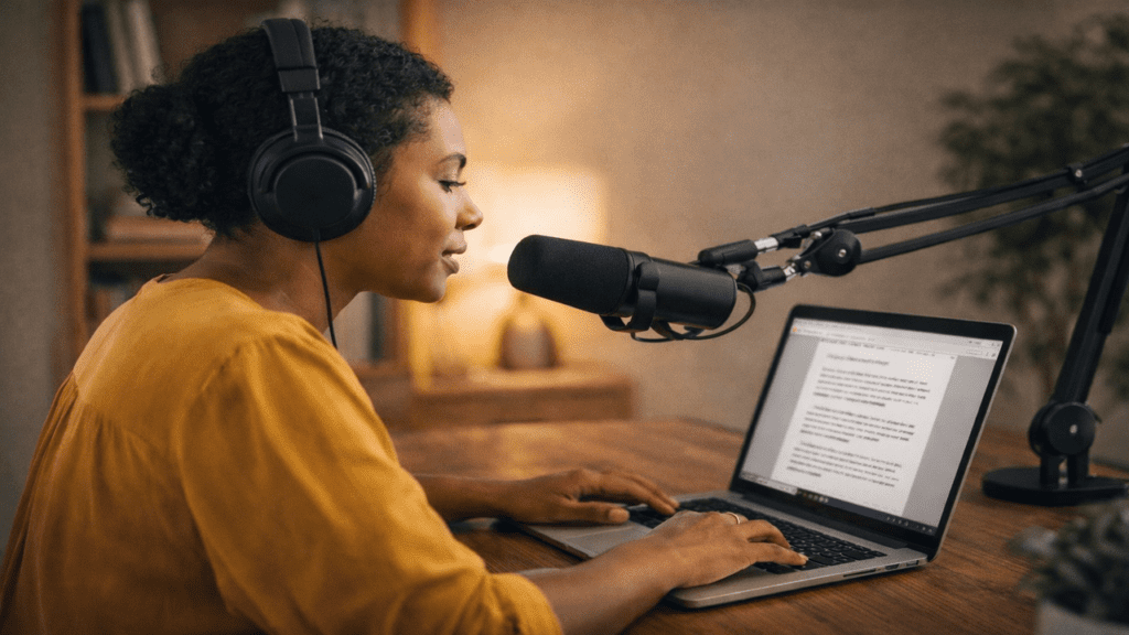 Black woman blogger recording a podcast episode at a home desk while reading from a blog post on her laptop.