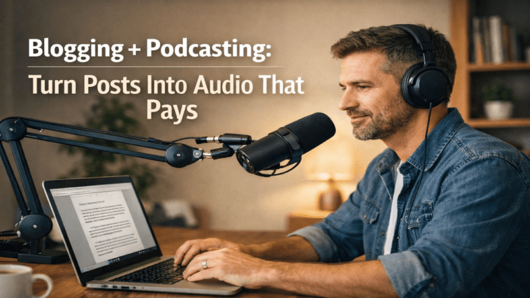 Male blogger recording a podcast episode at a home office desk using a microphone while repurposing blog content into audio.