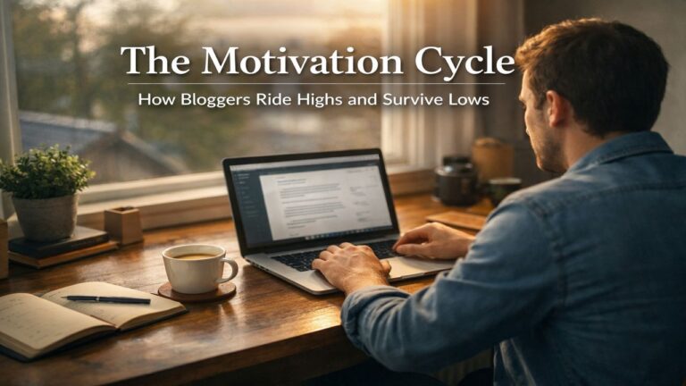 Blogger working calmly at a desk in the morning, representing the motivation cycle and how bloggers manage highs and lows without burnout