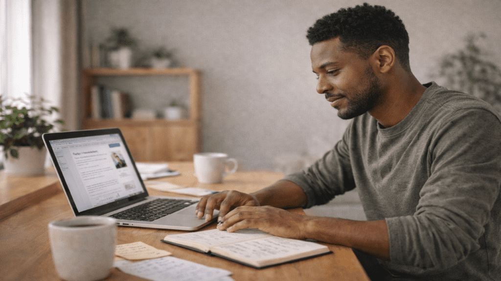 Black male blogger working steadily at a desk with a laptop and organized notes, showing focused and consistent blogging progress.