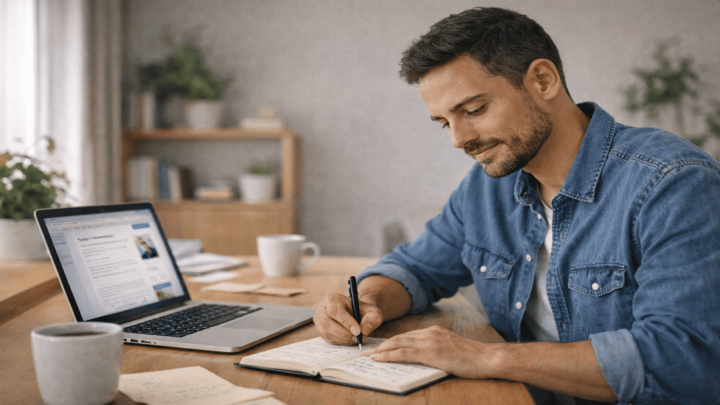 White male blogger calmly reviewing notes beside a laptop while planning a clear blog monetization path.