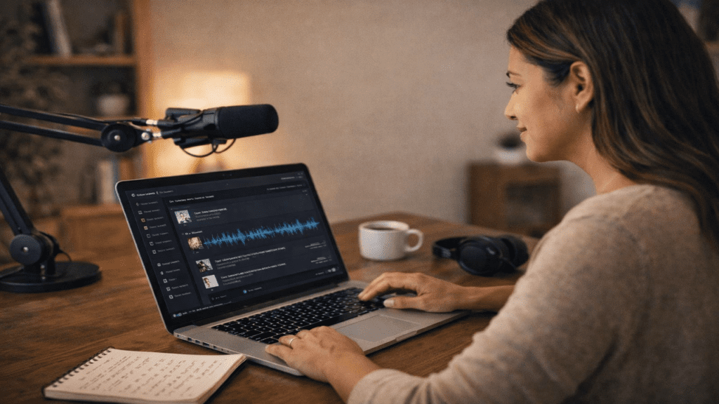 Woman managing and publishing podcast episodes on a laptop with microphone and headphones on a home office desk.