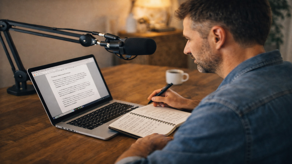 Blogger reviewing a blog post and notes while preparing to turn written content into a podcast episode.