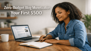 Blogger working at a home office desk with a laptop and notebook while planning zero-budget blog monetization strategies.