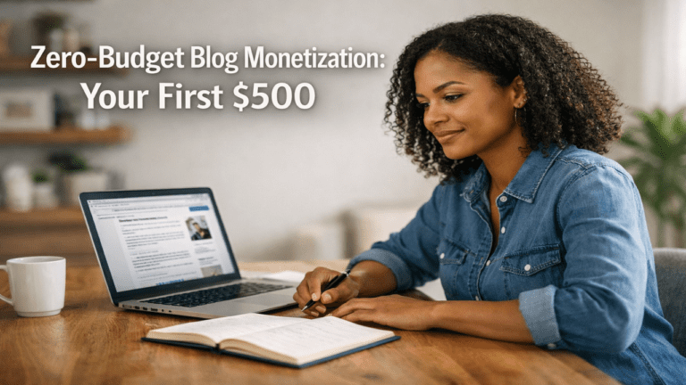 Blogger working at a home office desk with a laptop and notebook while planning zero-budget blog monetization strategies.