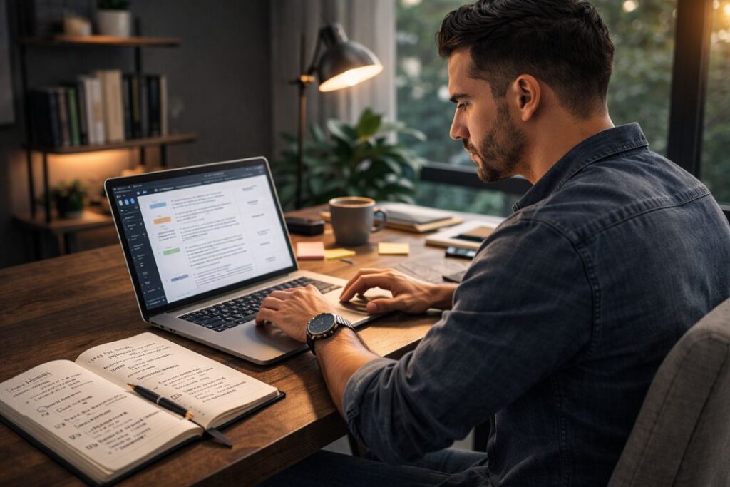 Blogger typing on a laptop while drafting a blog post using a structured AI content workflow
