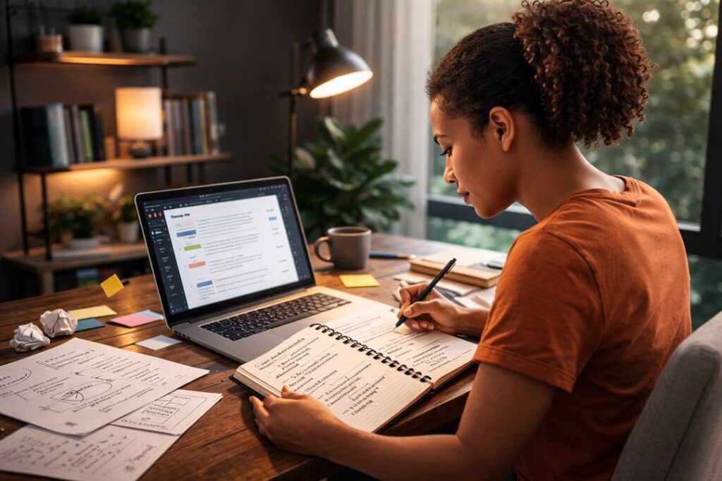 Blogger organizing article sections and outlining a structured AI blog post workflow in a notebook