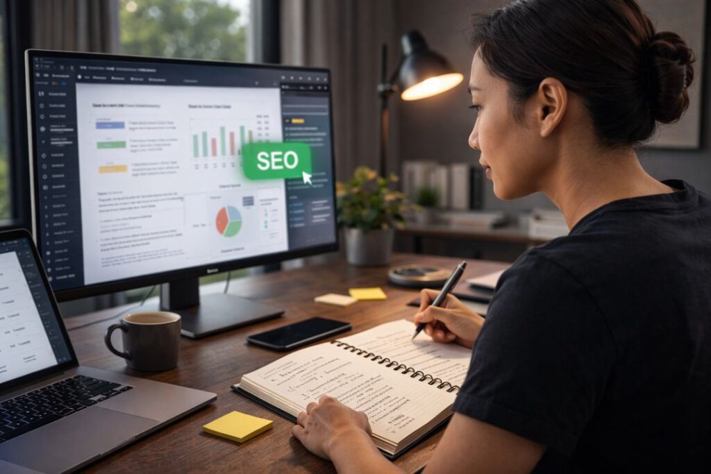 Blogger analyzing SEO data on a monitor while optimizing a blog post created with AI