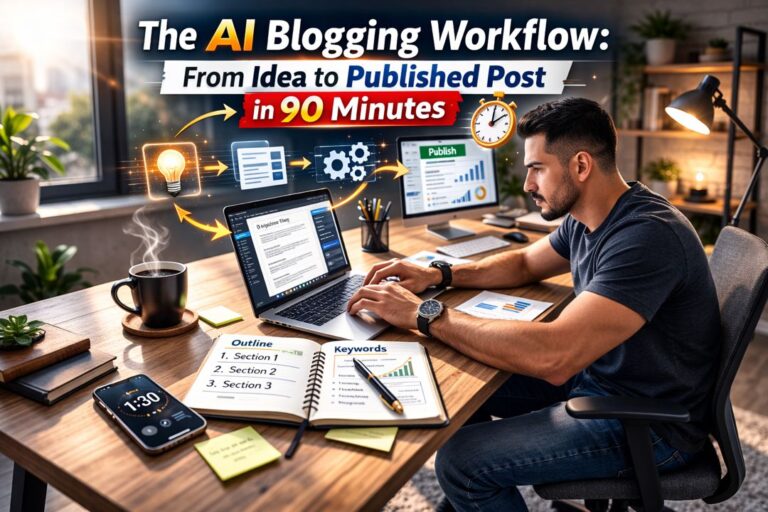 Blogger working at a desk using an AI blogging workflow system to publish a blog post in 90 minutes