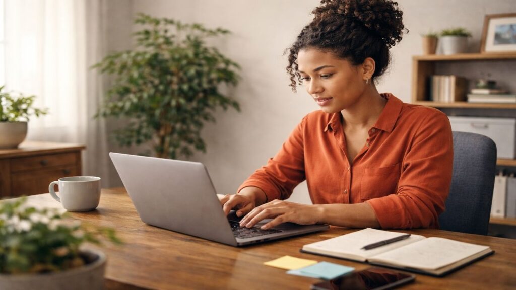 Black female blogger writing on a laptop in a distraction-free workspace during the blog creation phase
