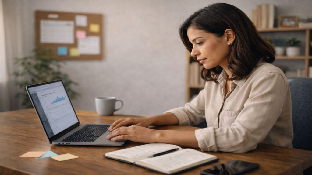 Hispanic female blogger reviewing analytics and updating content during the blog maintenance phase