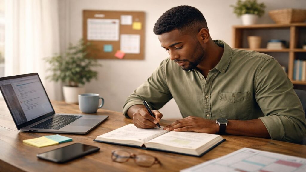 Black male blogger planning blog content with notebook and laptop during the planning phase