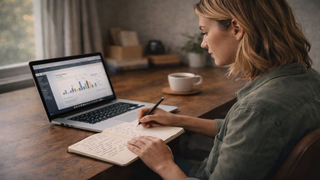 White female blogger reviewing notes and analytics while adjusting blog strategy during a low motivation period