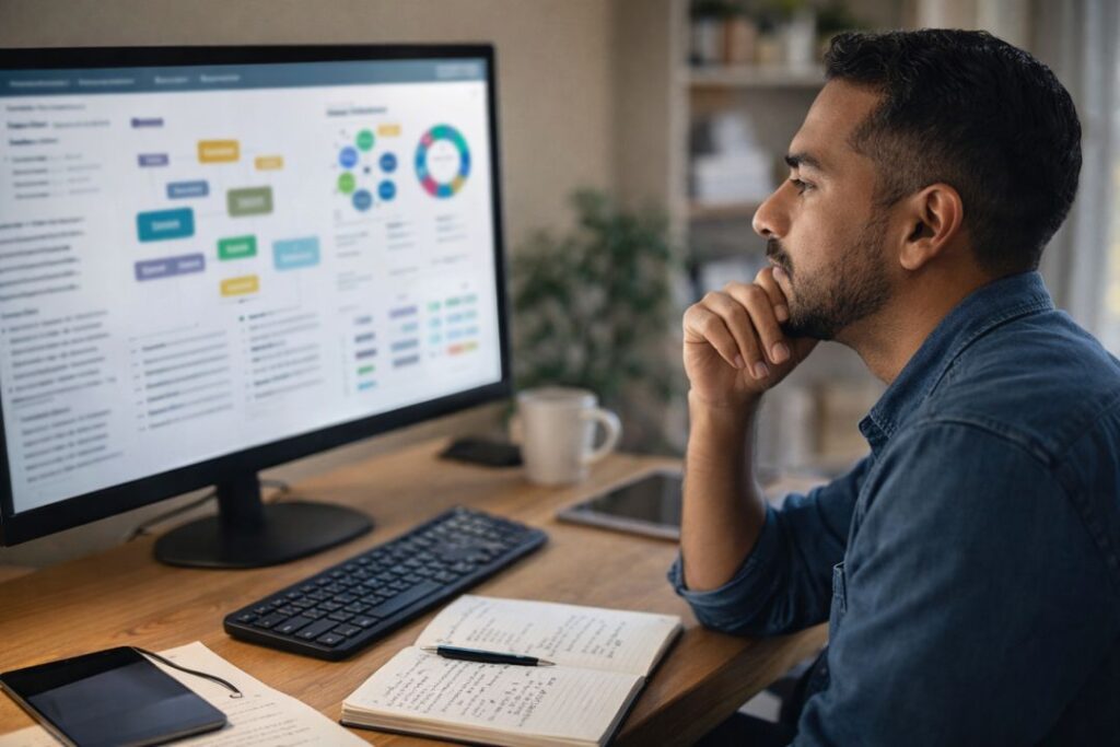 Hispanic male blogger analyzing SEO data and keyword strategy on a computer screen using AI tools