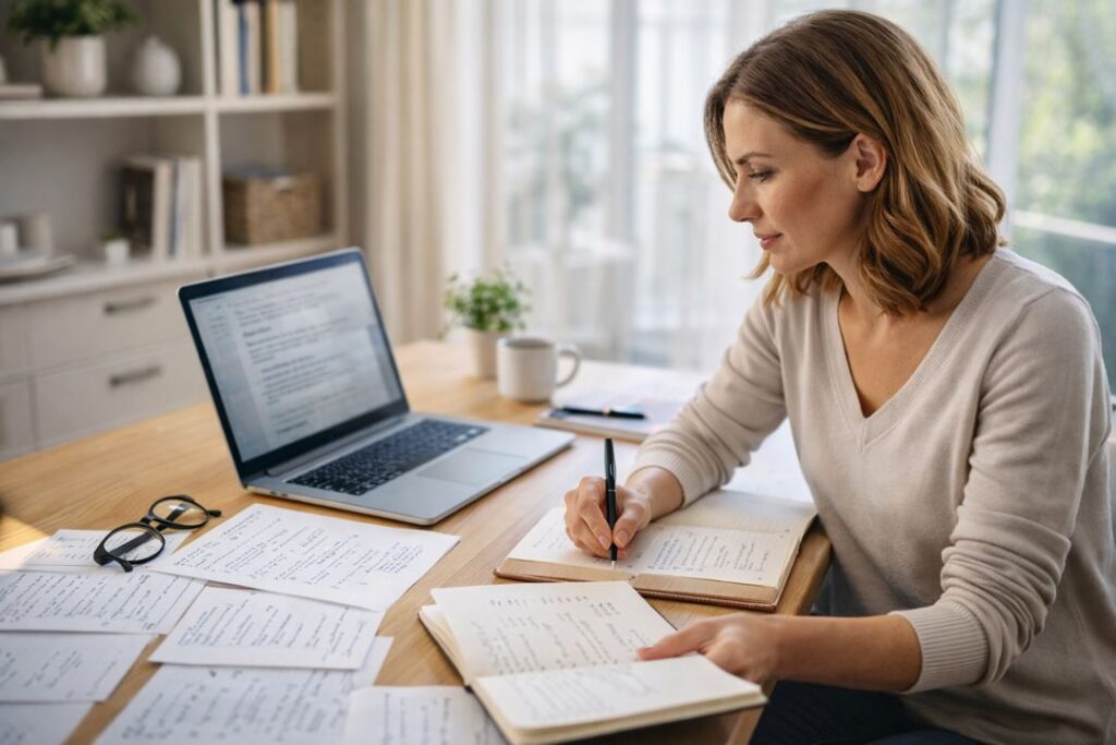 Female blogger organizing notes and outlining structured AI prompts for strategic blog content planning