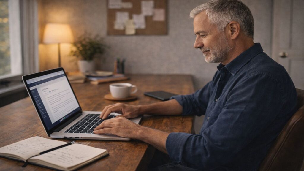 Older white male blogger working steadily at his desk, representing long-term blogging consistency and sustainable strategy