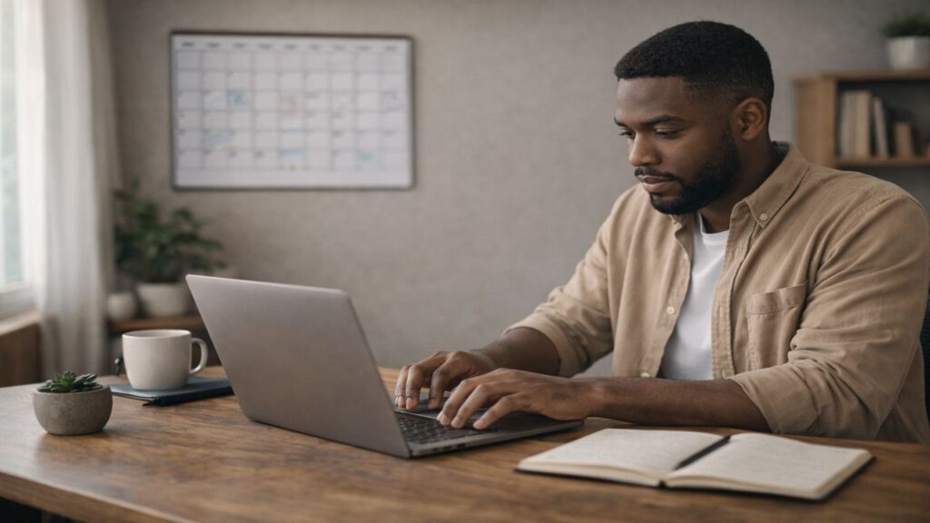 Black male blogger working calmly at a desk, representing discipline and structured blogging habits