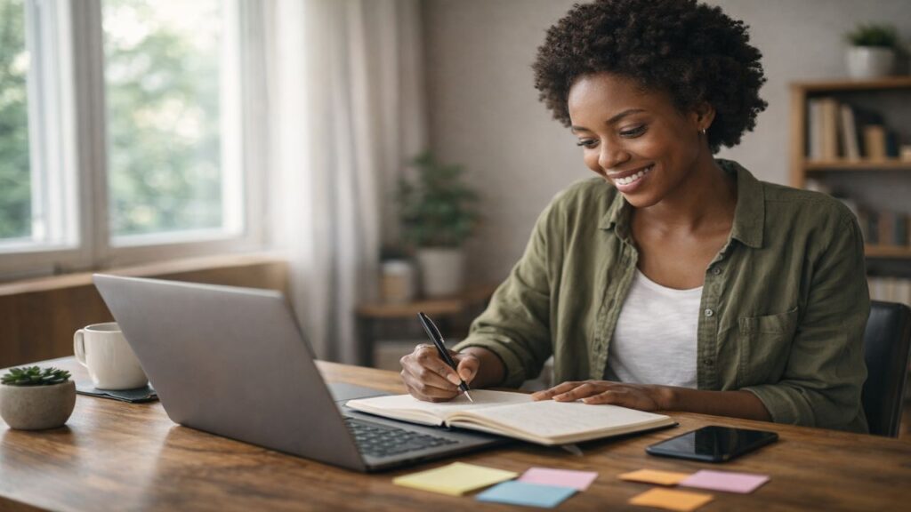 Black female blogger brainstorming ideas and working enthusiastically during a high motivation phase