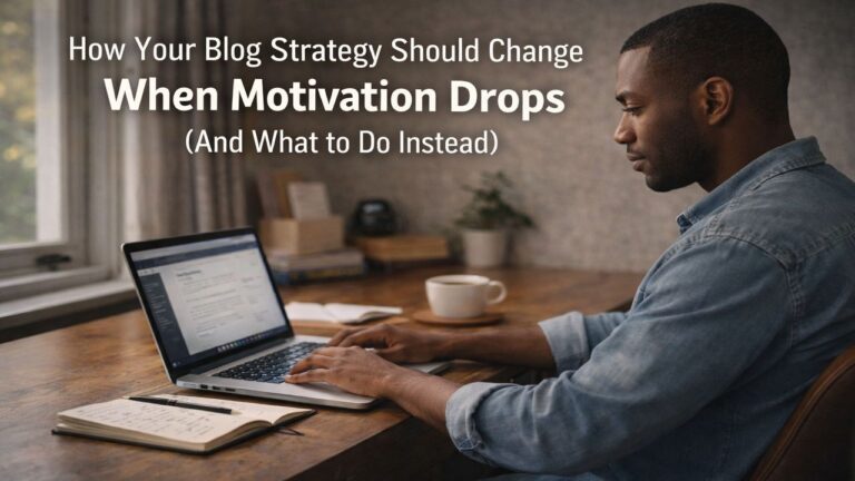 Blogger working thoughtfully at a desk, representing how blog strategy should adapt when motivation drops