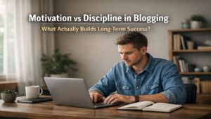 Blogger working steadily at a desk, representing the difference between motivation and discipline in long-term blogging success