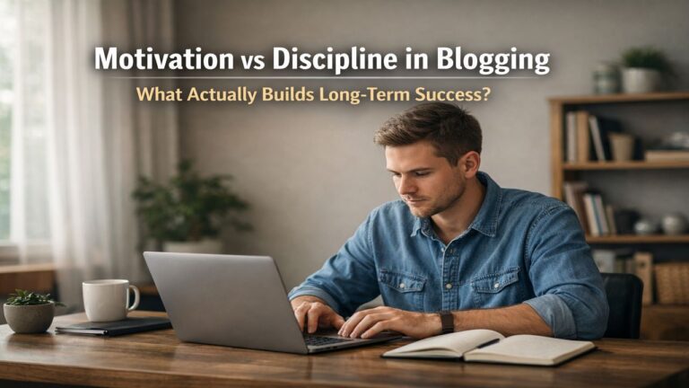 Blogger working steadily at a desk, representing the difference between motivation and discipline in long-term blogging success