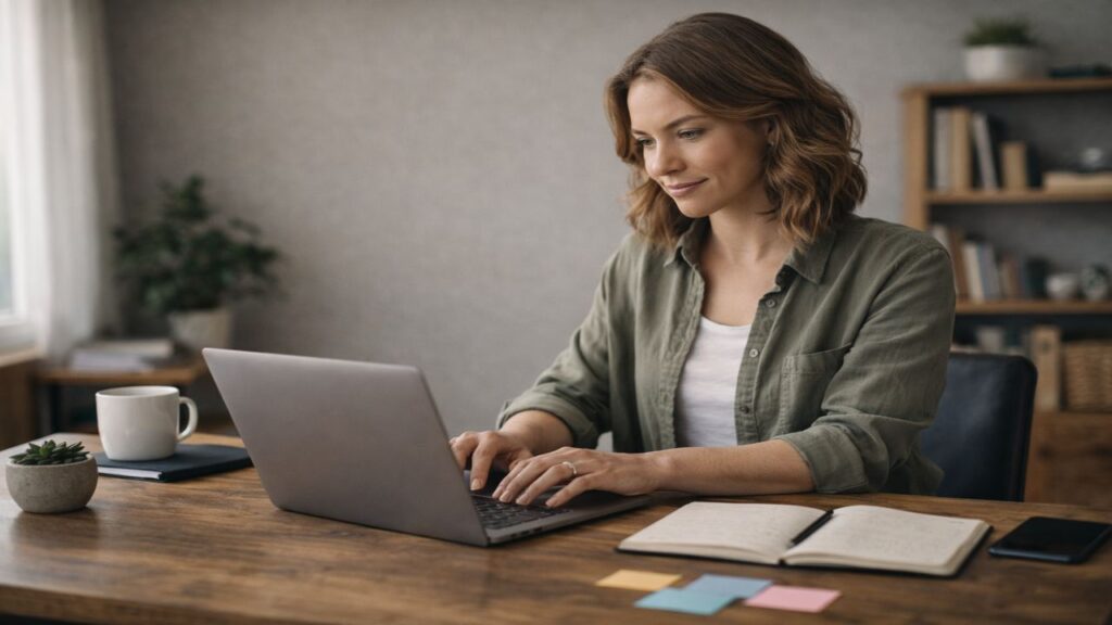 White female blogger working confidently at her desk, symbolizing long-term blogging consistency and sustainable growth