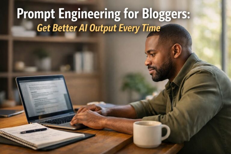 Black male blogger working on a laptop using AI tools to improve blog content quality and prompt engineering strategy