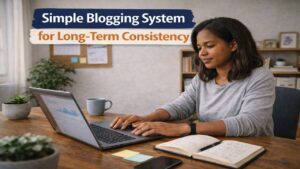 Black female blogger working at an organized desk, representing a simple blogging system that builds long-term consistency even when motivation drops
